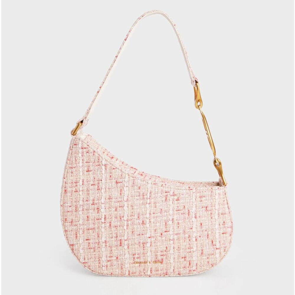 Charles & Keith Cream Tweed Asymmetrical Shoulder Bag